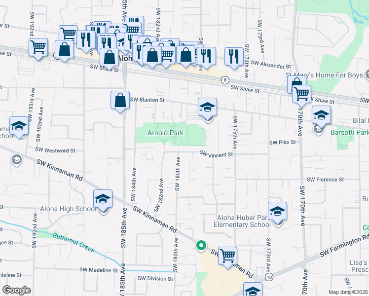 map of restaurants, bars, coffee shops, grocery stores, and more near 17945 Southwest Vincent Street in Aloha