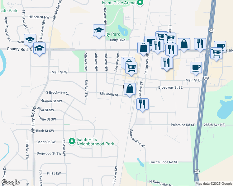 map of restaurants, bars, coffee shops, grocery stores, and more near 106 Elizabeth Street in Isanti
