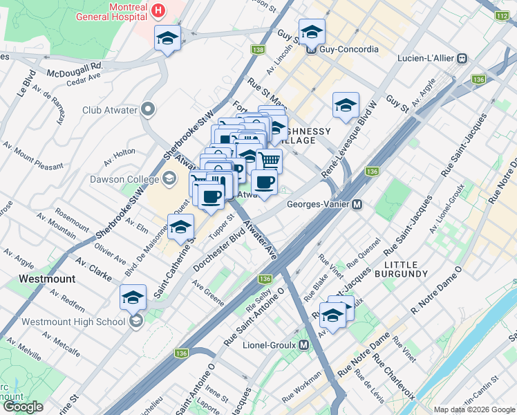 map of restaurants, bars, coffee shops, grocery stores, and more near 2320 Rue Tupper in Montréal