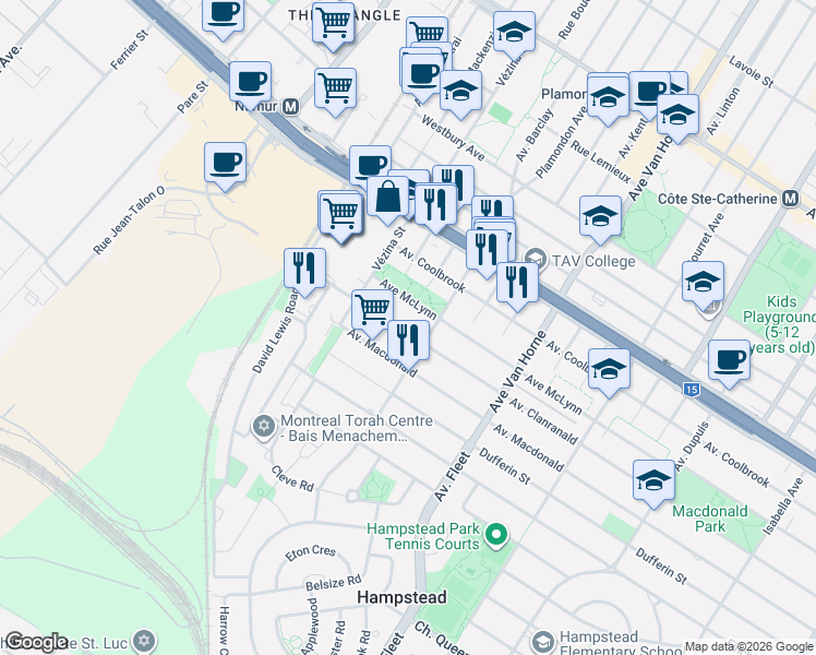 map of restaurants, bars, coffee shops, grocery stores, and more near 6581 Avenue Clanranald in Montréal