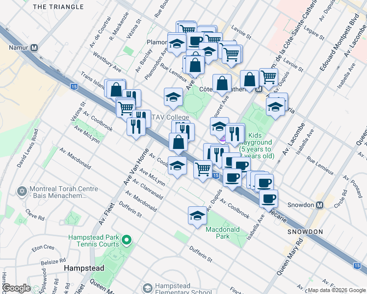 map of restaurants, bars, coffee shops, grocery stores, and more near 5865 Boulevard Décarie in Montréal