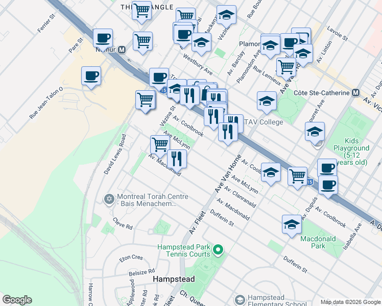 map of restaurants, bars, coffee shops, grocery stores, and more near 6492 Avenue McLynn in Montreal