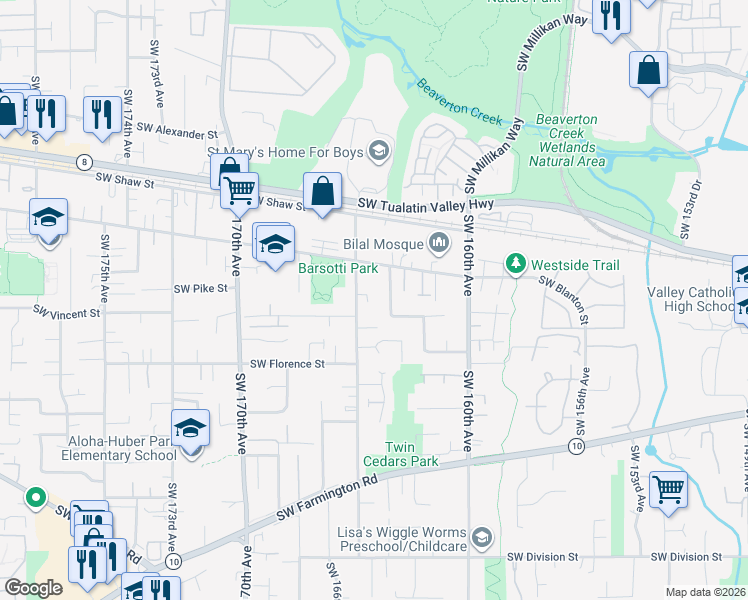 map of restaurants, bars, coffee shops, grocery stores, and more near 4290 Southwest Highgate Terrace in Beaverton