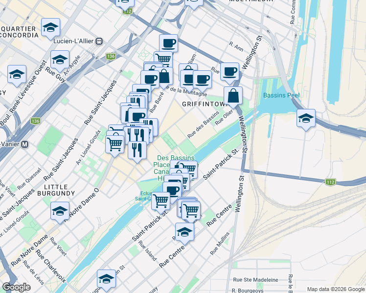 map of restaurants, bars, coffee shops, grocery stores, and more near 1552 Rue des Bassins in Montréal