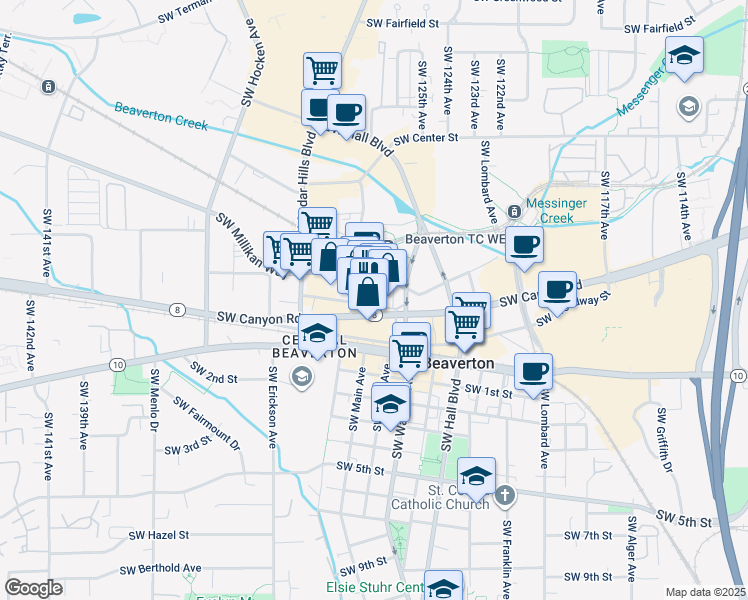 map of restaurants, bars, coffee shops, grocery stores, and more near 12745 Southwest Beaverdam Road in Beaverton