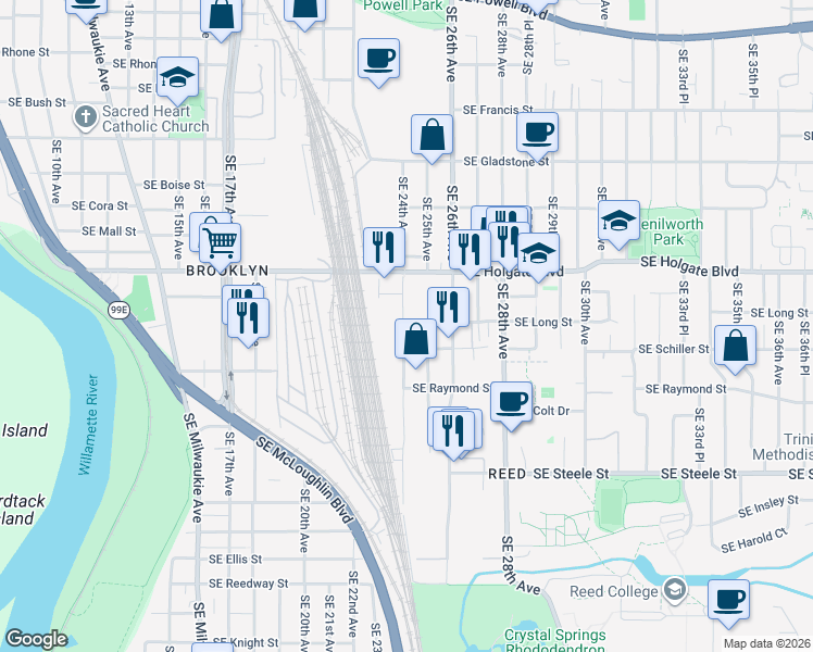 map of restaurants, bars, coffee shops, grocery stores, and more near 4720 Southeast 24th Avenue in Portland
