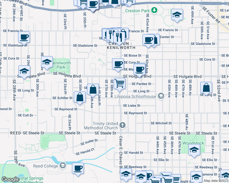 map of restaurants, bars, coffee shops, grocery stores, and more near 4715 Southeast Cesar Estrada Chavez Boulevard in Portland