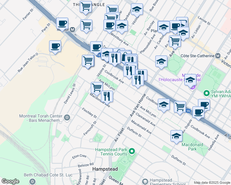 map of restaurants, bars, coffee shops, grocery stores, and more near 6492 Avenue McLynn in Montreal