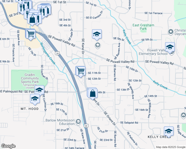 map of restaurants, bars, coffee shops, grocery stores, and more near 3414 Southeast 11th Street in Gresham