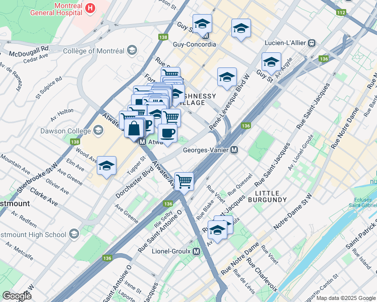 map of restaurants, bars, coffee shops, grocery stores, and more near in Montreal