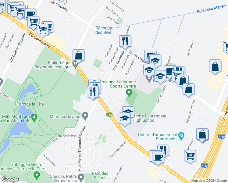 map of restaurants, bars, coffee shops, grocery stores, and more near 2720 Rue Quevillon in Longueuil