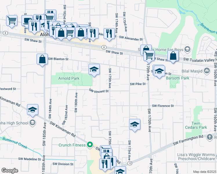 map of restaurants, bars, coffee shops, grocery stores, and more near 17494 Southwest Max Court in Beaverton