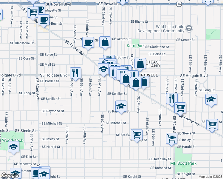 map of restaurants, bars, coffee shops, grocery stores, and more near 4703 Southeast 63rd Avenue in Portland