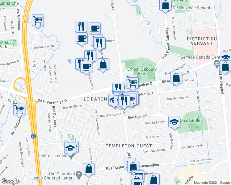 map of restaurants, bars, coffee shops, grocery stores, and more near 500 Boulevard Gréber in Gatineau
