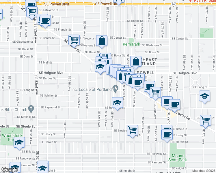 map of restaurants, bars, coffee shops, grocery stores, and more near 4703 Southeast 63rd Avenue in Portland
