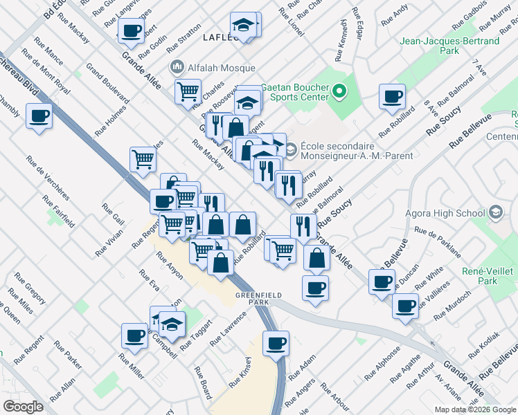 map of restaurants, bars, coffee shops, grocery stores, and more near 3928 Rue Mackay in Longueuil