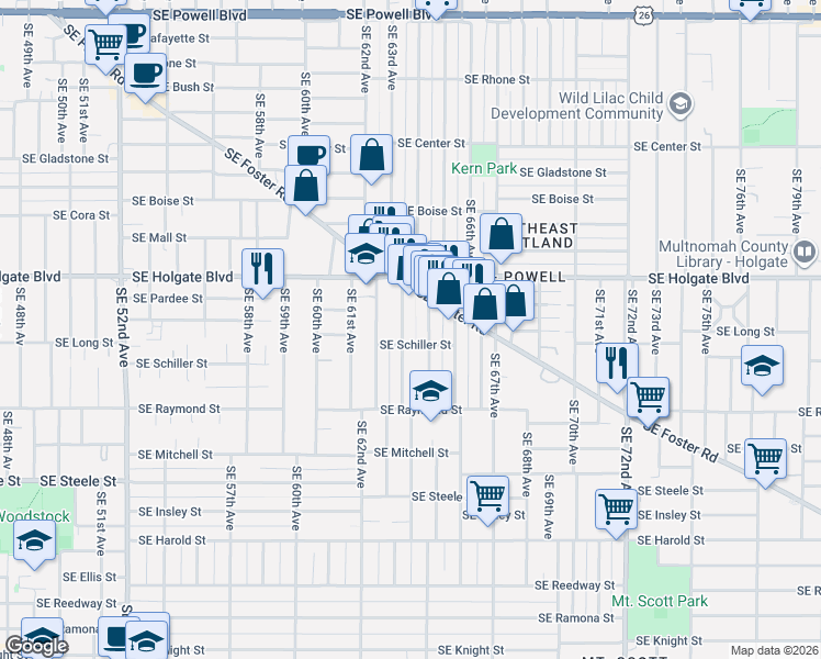 map of restaurants, bars, coffee shops, grocery stores, and more near 4629 Southeast 63rd Avenue in Portland
