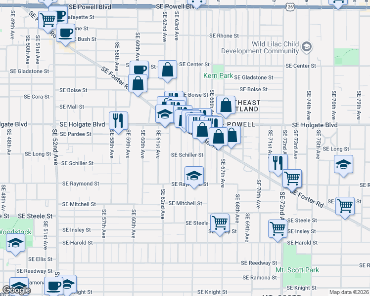 map of restaurants, bars, coffee shops, grocery stores, and more near 4710 Southeast 63rd Avenue in Portland