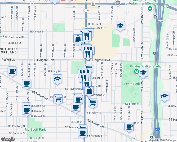 map of restaurants, bars, coffee shops, grocery stores, and more near 4574-4596 Southeast 82nd Avenue in Portland