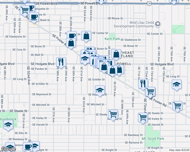 map of restaurants, bars, coffee shops, grocery stores, and more near 4710 Southeast 63rd Avenue in Portland