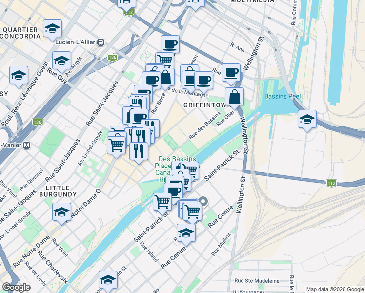 map of restaurants, bars, coffee shops, grocery stores, and more near 1552 Rue des Bassins in Montréal