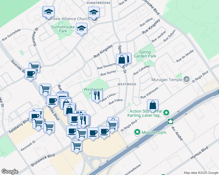 map of restaurants, bars, coffee shops, grocery stores, and more near 55 Rue Fabre in Dollard-des-Ormeaux