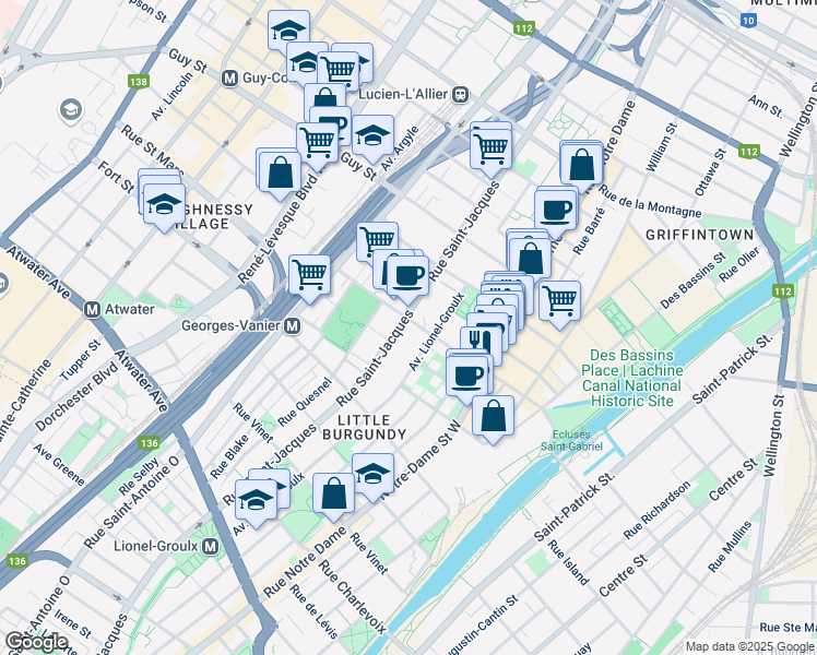 map of restaurants, bars, coffee shops, grocery stores, and more near 700 Rue des Seigneurs in Montréal
