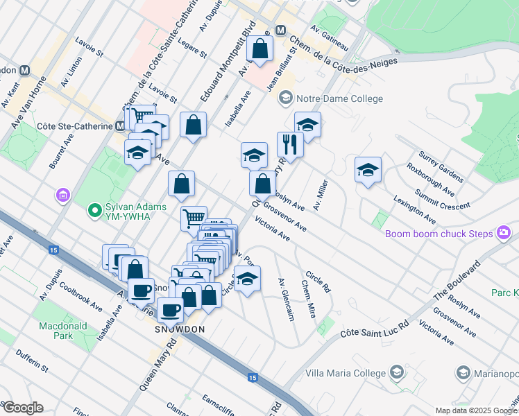 map of restaurants, bars, coffee shops, grocery stores, and more near 4710 Chemin Queen Mary in Montréal