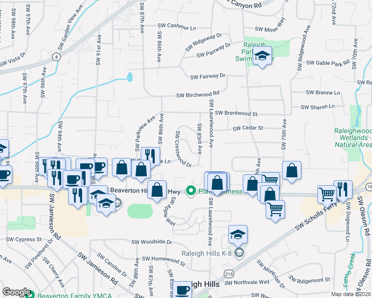 map of restaurants, bars, coffee shops, grocery stores, and more near 8380 Southwest Crestwood Lane in Portland