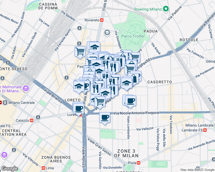 map of restaurants, bars, coffee shops, grocery stores, and more near 36 Via Padova in Milan