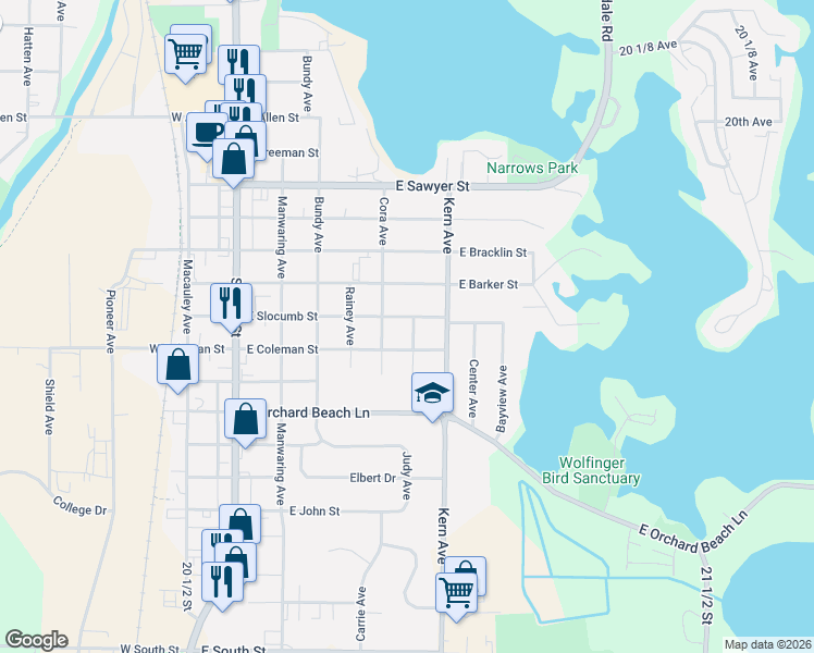 map of restaurants, bars, coffee shops, grocery stores, and more near 416 East Slocumb Street in Rice Lake