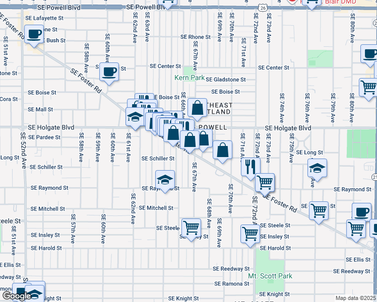 map of restaurants, bars, coffee shops, grocery stores, and more near Southeast Foster Road & Southeast 66th Avenue in Portland