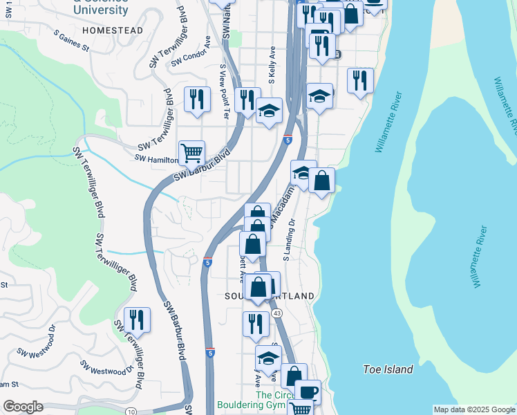 map of restaurants, bars, coffee shops, grocery stores, and more near 0205 South Seymour Court in Portland