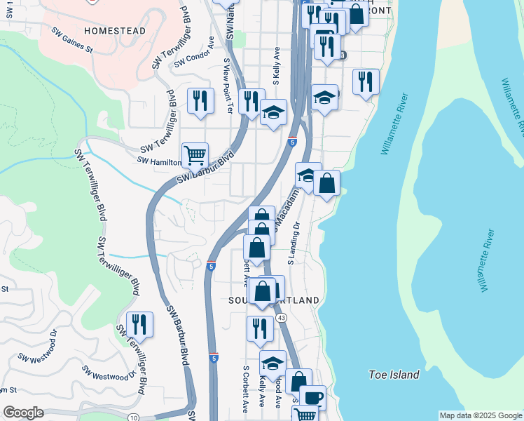 map of restaurants, bars, coffee shops, grocery stores, and more near 0205 South Seymour Court in Portland