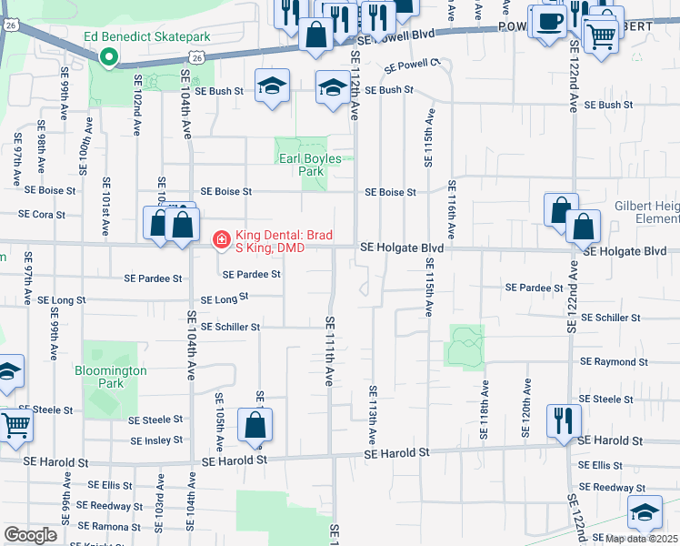 map of restaurants, bars, coffee shops, grocery stores, and more near 4558 Southeast 111th Avenue in Portland