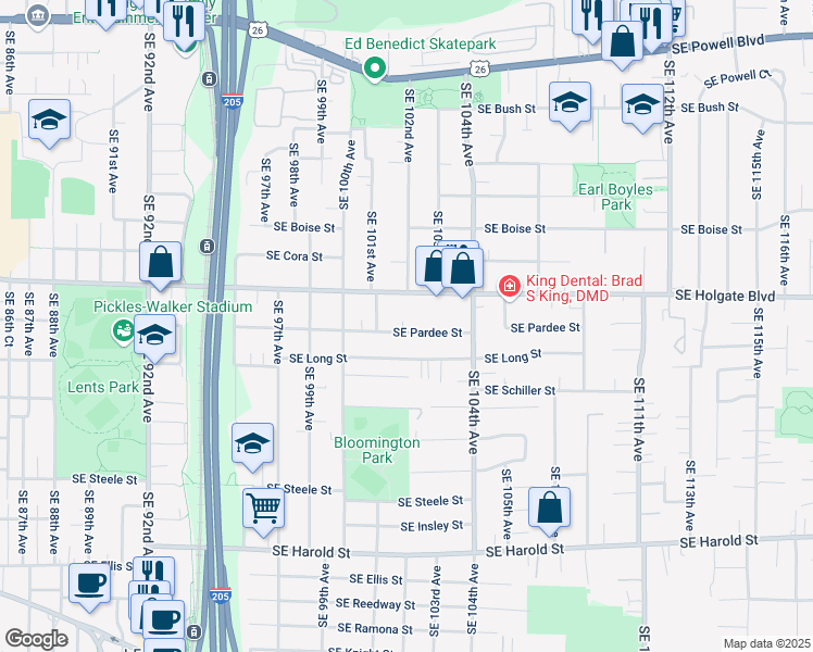 map of restaurants, bars, coffee shops, grocery stores, and more near 10153 Southeast Pardee Street in Portland
