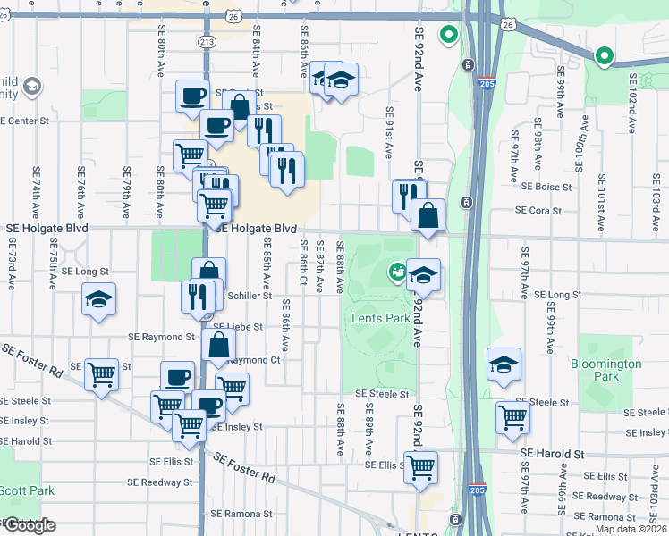 map of restaurants, bars, coffee shops, grocery stores, and more near 4607 Southeast 88th Avenue in Portland