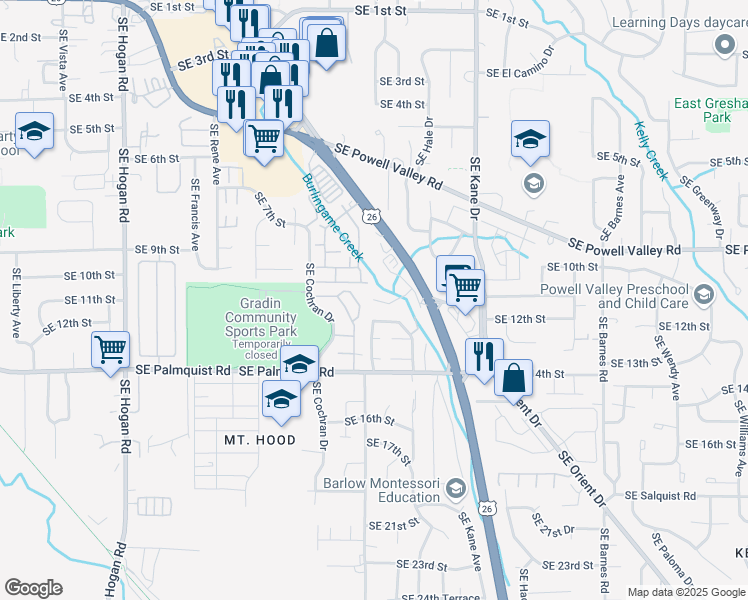 map of restaurants, bars, coffee shops, grocery stores, and more near 1122 Southeast Mount Hood Highway in Gresham