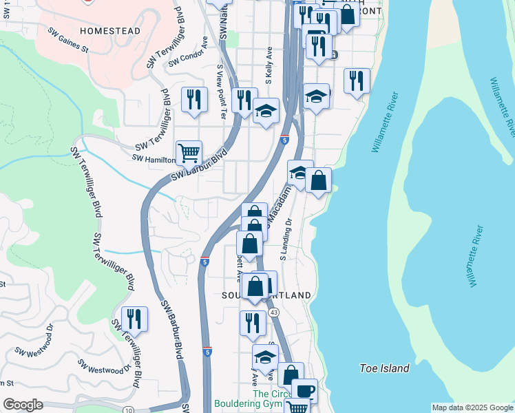map of restaurants, bars, coffee shops, grocery stores, and more near 0205 South Seymour Court in Portland