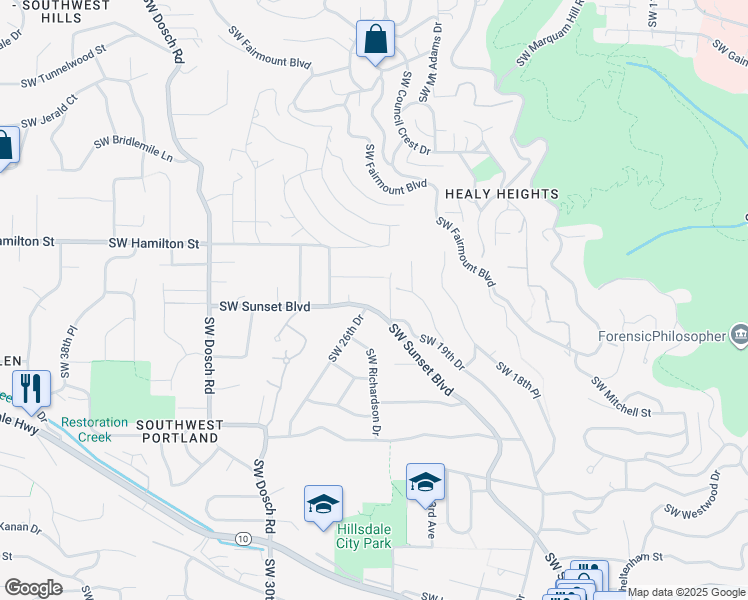 map of restaurants, bars, coffee shops, grocery stores, and more near 2535 Southwest Sunset Boulevard in Portland