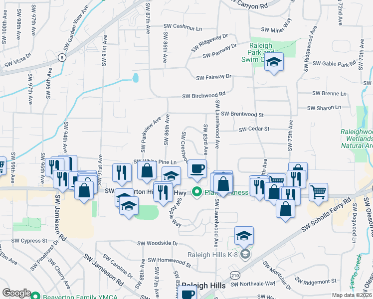 map of restaurants, bars, coffee shops, grocery stores, and more near 8380 Southwest Crestwood Lane in Portland