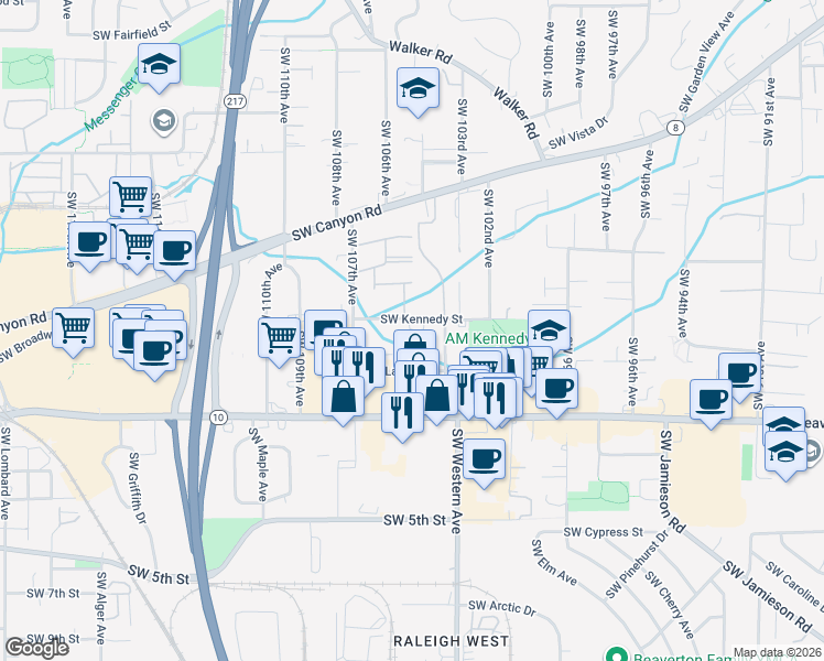 map of restaurants, bars, coffee shops, grocery stores, and more near 10420 Southwest Kennedy Street in Beaverton