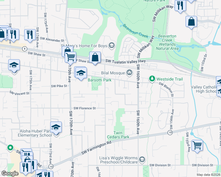 map of restaurants, bars, coffee shops, grocery stores, and more near 4255 Southwest 164th Avenue in Beaverton