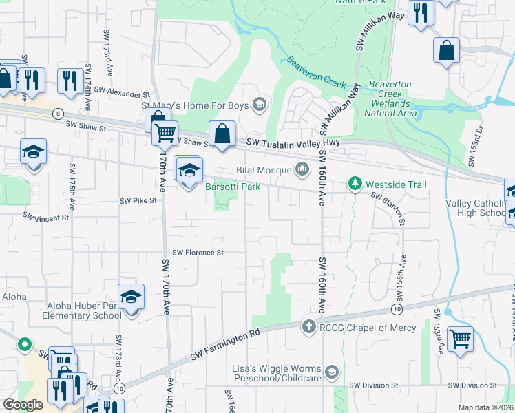 map of restaurants, bars, coffee shops, grocery stores, and more near 4255 Southwest 164th Avenue in Beaverton