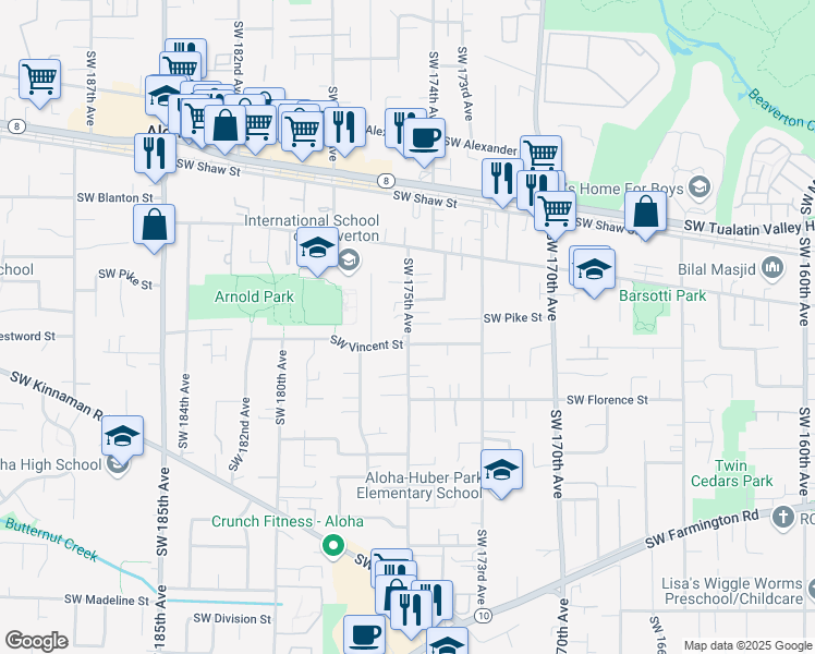 map of restaurants, bars, coffee shops, grocery stores, and more near 17494 Southwest Max Court in Beaverton