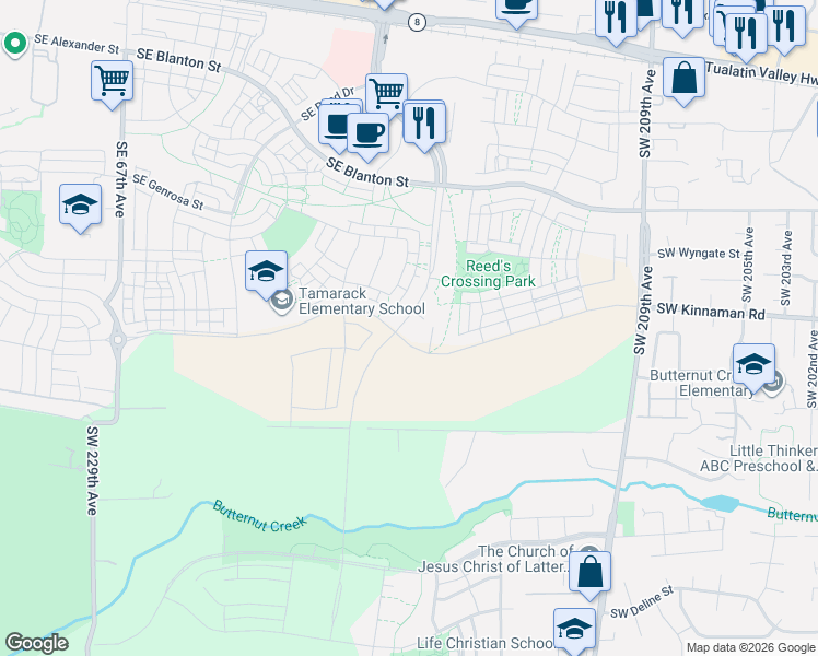 map of restaurants, bars, coffee shops, grocery stores, and more near 7855 Southeast Kinnaman Road in Hillsboro