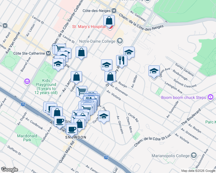map of restaurants, bars, coffee shops, grocery stores, and more near 4712 Chemin Queen Mary in Montréal