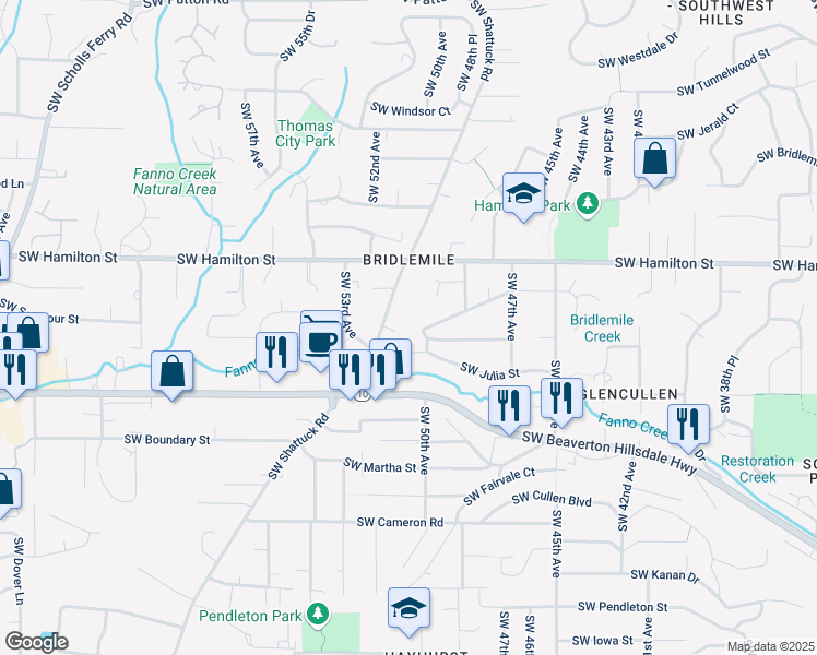 map of restaurants, bars, coffee shops, grocery stores, and more near 4727 Southwest 50th Avenue in Portland