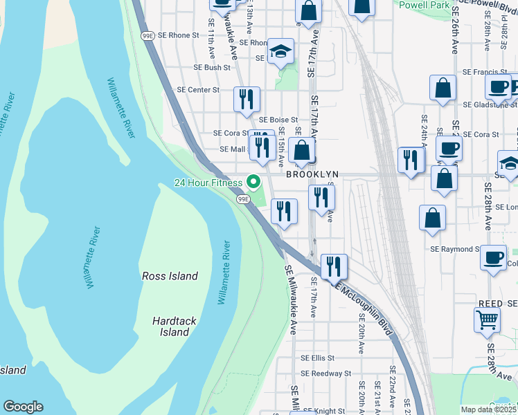 map of restaurants, bars, coffee shops, grocery stores, and more near 1327 Southeast Long Street in Portland