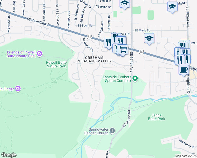 map of restaurants, bars, coffee shops, grocery stores, and more near 16822 Southeast Equestrian Way in Portland